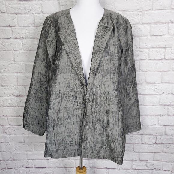 Eileen Fisher Gray Silver Silk Blend Textured Crinkle Jacket Pin Closure XL - Picture 1 of 13